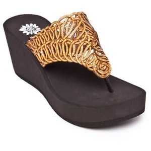 Yellow Box Brown Rhythm Crochet Wedge Sandal